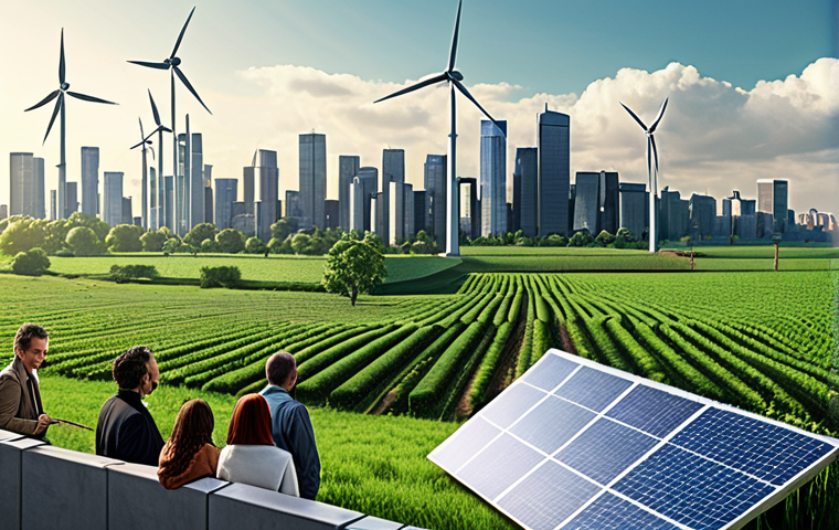 **

A diverse group of people investing in environmentally friendly projects like solar panels, wind turbines, and sustainable agriculture. Show a futuristic city skyline in the background, powered by renewable energy. The overall tone should be hopeful and positive, representing the benefits of ESG investing.

**