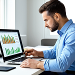 A focused professional, male, in a modest business casual shirt, sitting at a clean, modern desk with a laptop displaying complex financial data visualizations and a learning platform interface. The environment is a well-lit, minimalist home office, conveying intelligent learning and efficient study. perfect anatomy, correct proportions, natural pose, well-formed hands, proper finger count, natural body proportions, fully clothed, modest clothing, appropriate attire, professional dress, safe for work, appropriate content, professional photography, high quality, realistic, family-friendly.