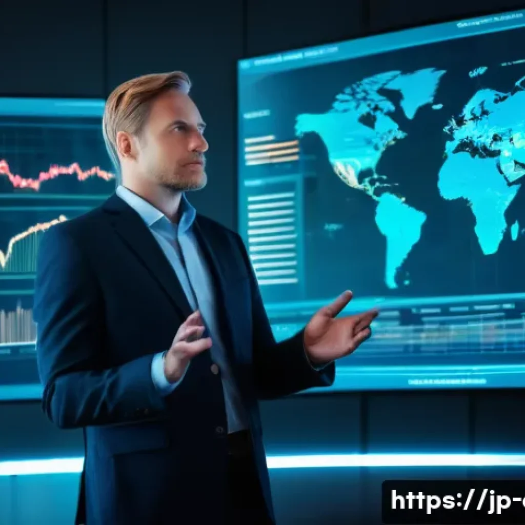 금융투자분석사의 자격 유지 조건 - 0. His hand is gently resting on a translucent, glowing globe that displays global economic indicato...