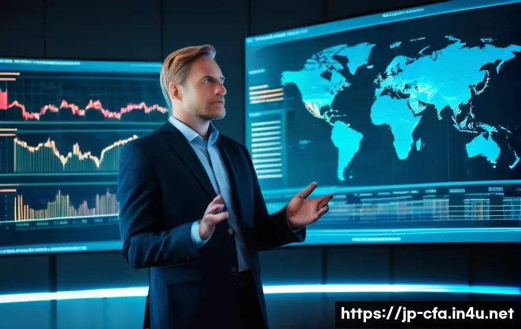 금융투자분석사의 자격 유지 조건 - 0. His hand is gently resting on a translucent, glowing globe that displays global economic indicato...