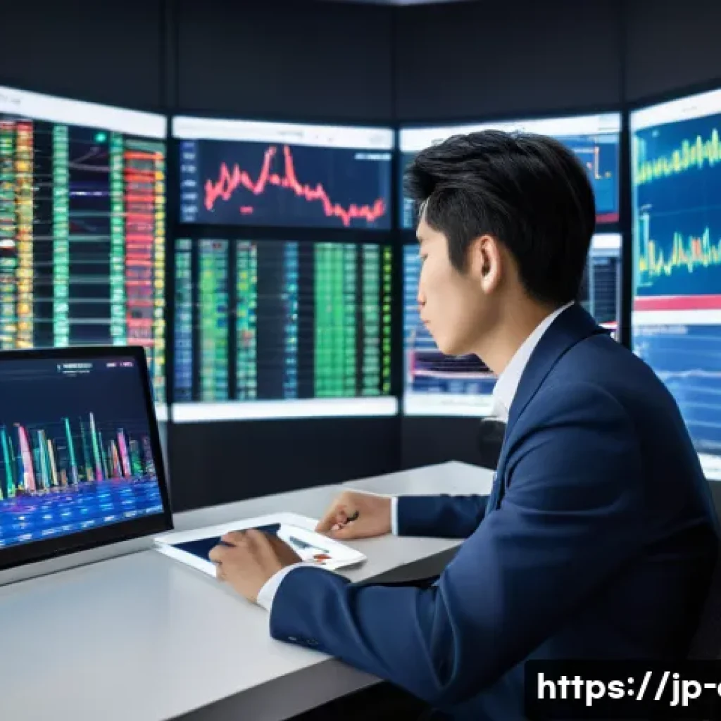 금융투자분석사의 전문성 강화 - A modern Japanese financial analyst in a sleek office, surrounded by multiple large monitors display...