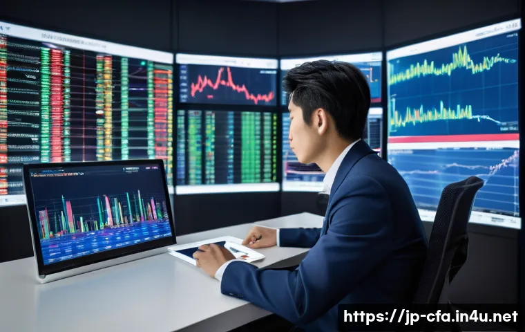 금융투자분석사의 전문성 강화 - A modern Japanese financial analyst in a sleek office, surrounded by multiple large monitors display...