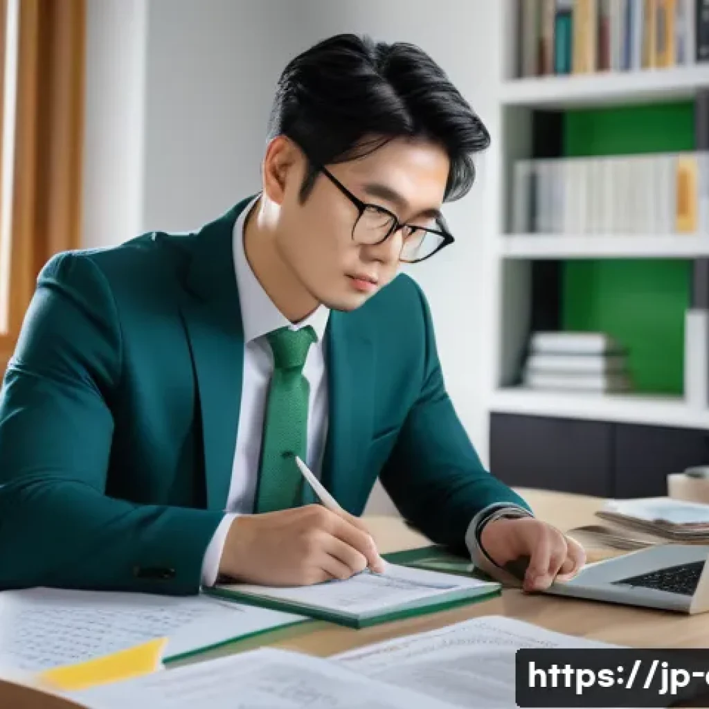 CFA 자격증으로 이직 성공 후기 - A professional Japanese man in his early 30s studying CFA materials at a modern home office desk, su...