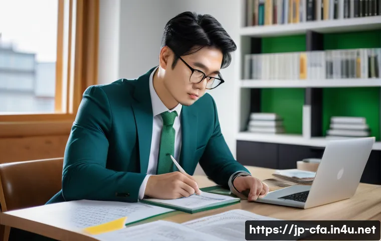 CFA 자격증으로 이직 성공 후기 - A professional Japanese man in his early 30s studying CFA materials at a modern home office desk, su...
