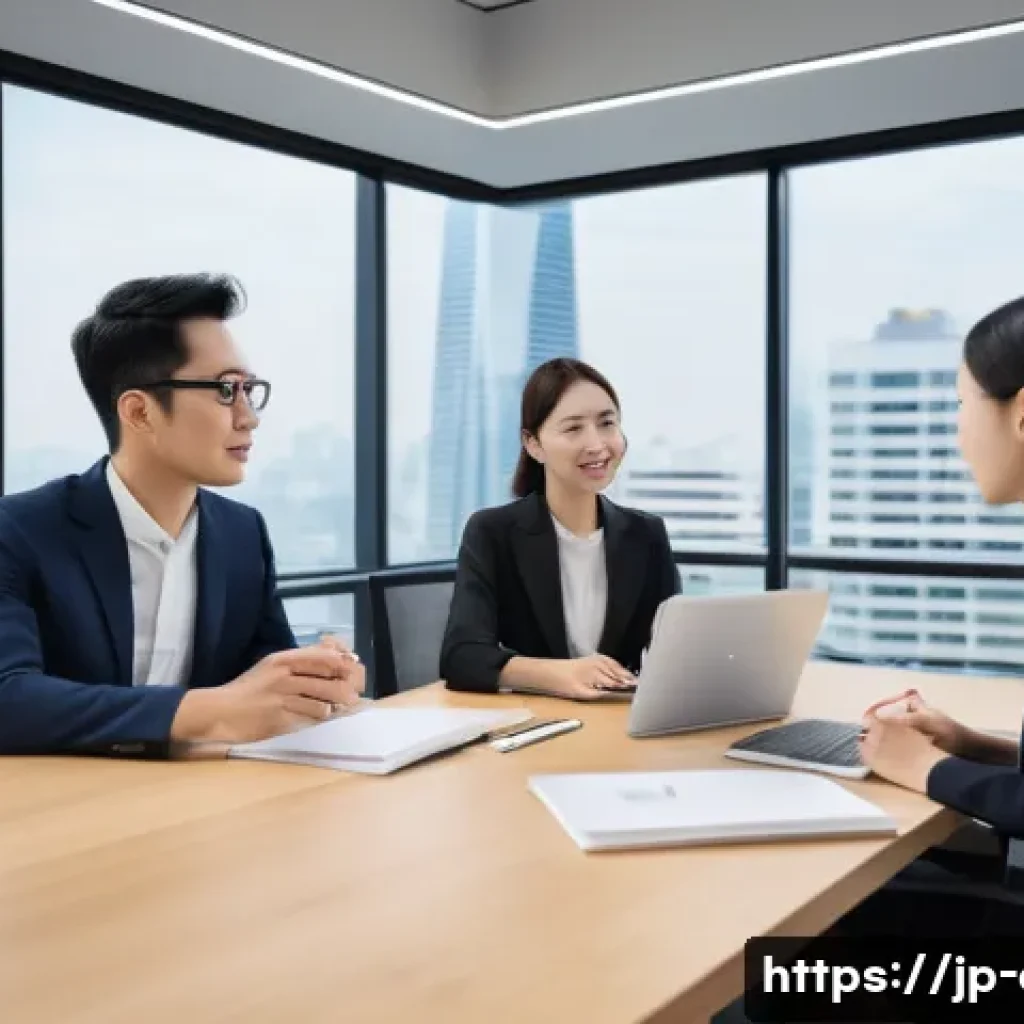 금융투자분석사에게 필요한 소프트 스킬 - A modern Japanese financial office scene with diverse professionals engaged in a collaborative meeti...