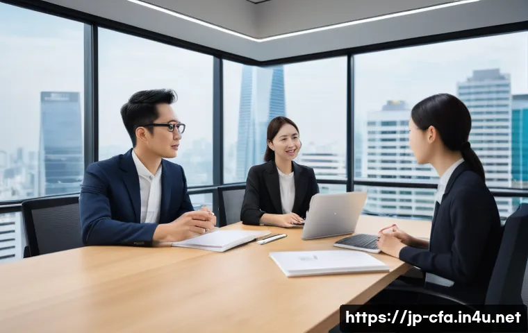 금융투자분석사에게 필요한 소프트 스킬 - A modern Japanese financial office scene with diverse professionals engaged in a collaborative meeti...