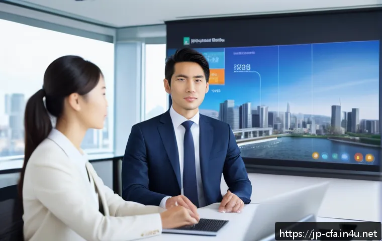 CFA 자격증과 해외 취업 - A professional Japanese man in his early 30s dressed in a sharp business suit, confidently presentin...