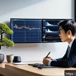 CFA와 경제적 환경 변화 대응 - A modern Japanese investor sitting at a sleek desk in a minimalist home office, analyzing diversifie...