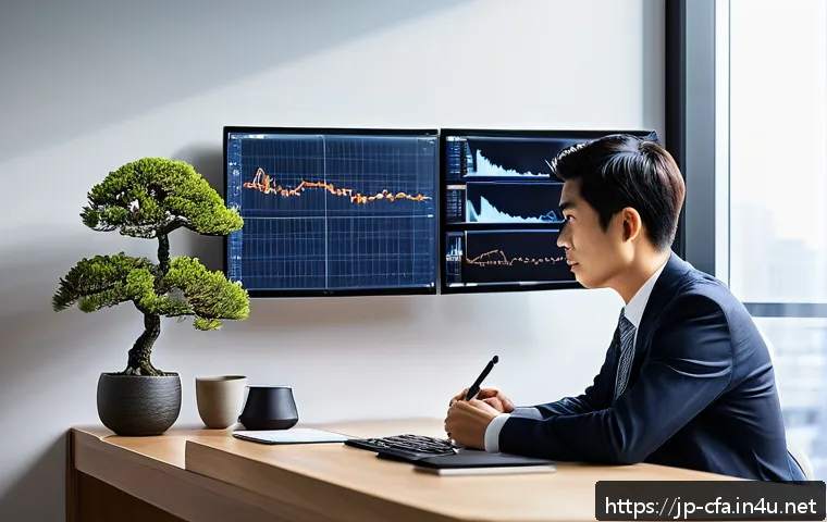 CFA와 경제적 환경 변화 대응 - A modern Japanese investor sitting at a sleek desk in a minimalist home office, analyzing diversifie...