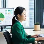 금융투자분석사와 초보 투자자 교육 - A modern Japanese office setting with a young Japanese businesswoman in professional attire, analyzi...