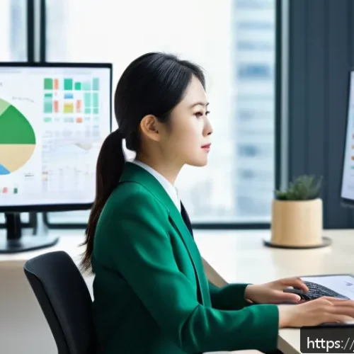 금융투자분석사와 초보 투자자 교육 - A modern Japanese office setting with a young Japanese businesswoman in professional attire, analyzi...