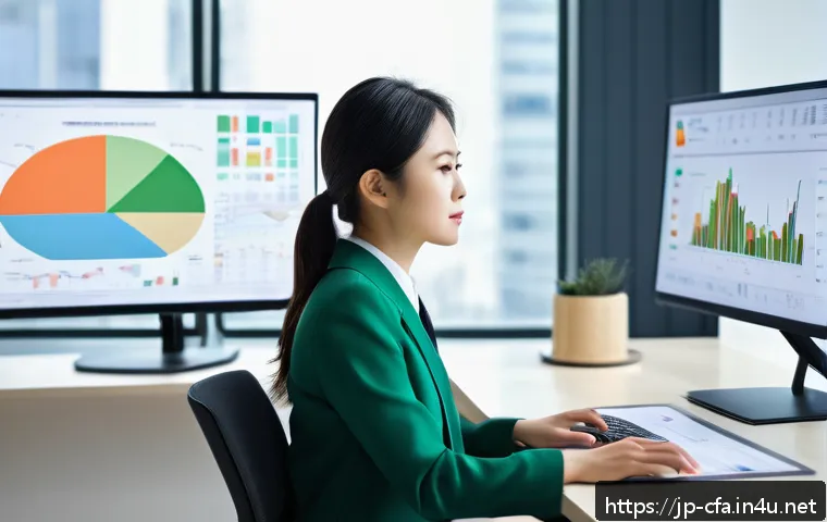 금융투자분석사와 초보 투자자 교육 - A modern Japanese office setting with a young Japanese businesswoman in professional attire, analyzi...