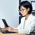 금융권 커리어 패스 설계법 - A modern Japanese office scene featuring a young professional woman with short black hair and glasse...