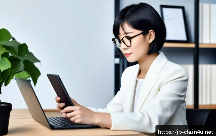 금융권 커리어 패스 설계법 - A modern Japanese office scene featuring a young professional woman with short black hair and glasse...