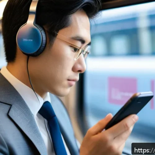 CFA 학습 앱 추천 - A busy Japanese office worker studying CFA exam material on a sleek smartphone during a crowded morn...