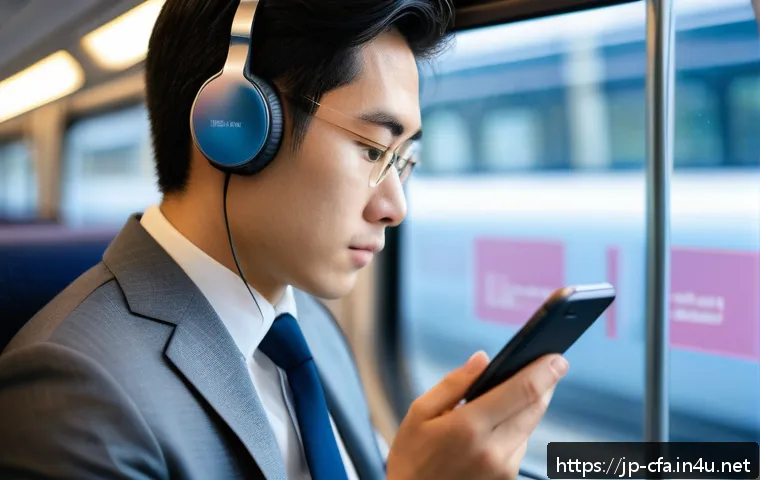 CFA 학습 앱 추천 - A busy Japanese office worker studying CFA exam material on a sleek smartphone during a crowded morn...