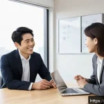금융투자분석사와 고객 신뢰 사례 - A modern Japanese office setting with a professional financial advisor, dressed in a sleek business ...
