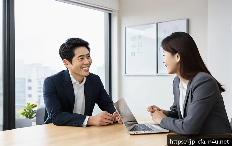금융투자분석사와 고객 신뢰 사례 - A modern Japanese office setting with a professional financial advisor, dressed in a sleek business ...