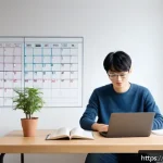 CFA 시험에서 시간 관리법 - A modern Japanese study room scene featuring a young adult in casual clothing, sitting at a minimali...
