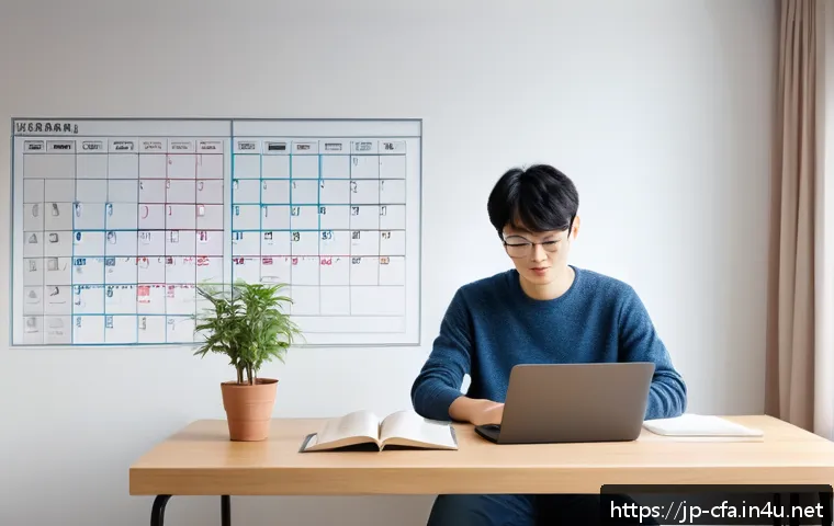 CFA 시험에서 시간 관리법 - A modern Japanese study room scene featuring a young adult in casual clothing, sitting at a minimali...