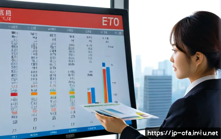 금융투자분석사와 ETF 전략 - Photorealistic Japanese financial analyst in a neat modern office, carefully reviewing a diversified...