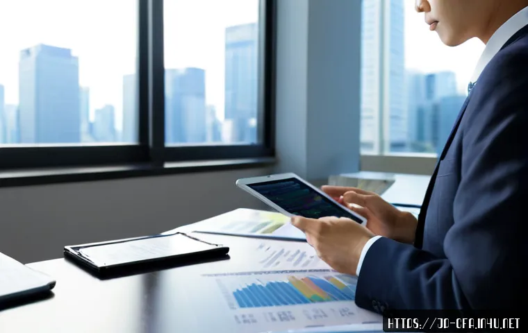 CFA와 국제 금융 정책 - Photorealistic Japanese financial analyst in a modern Tokyo office, studying a tablet with abstract ...