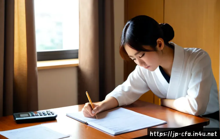 CFA 시험 중 압박감 극복법 - Photorealistic Japanese young professional calmly preparing for a demanding finance certification ex...